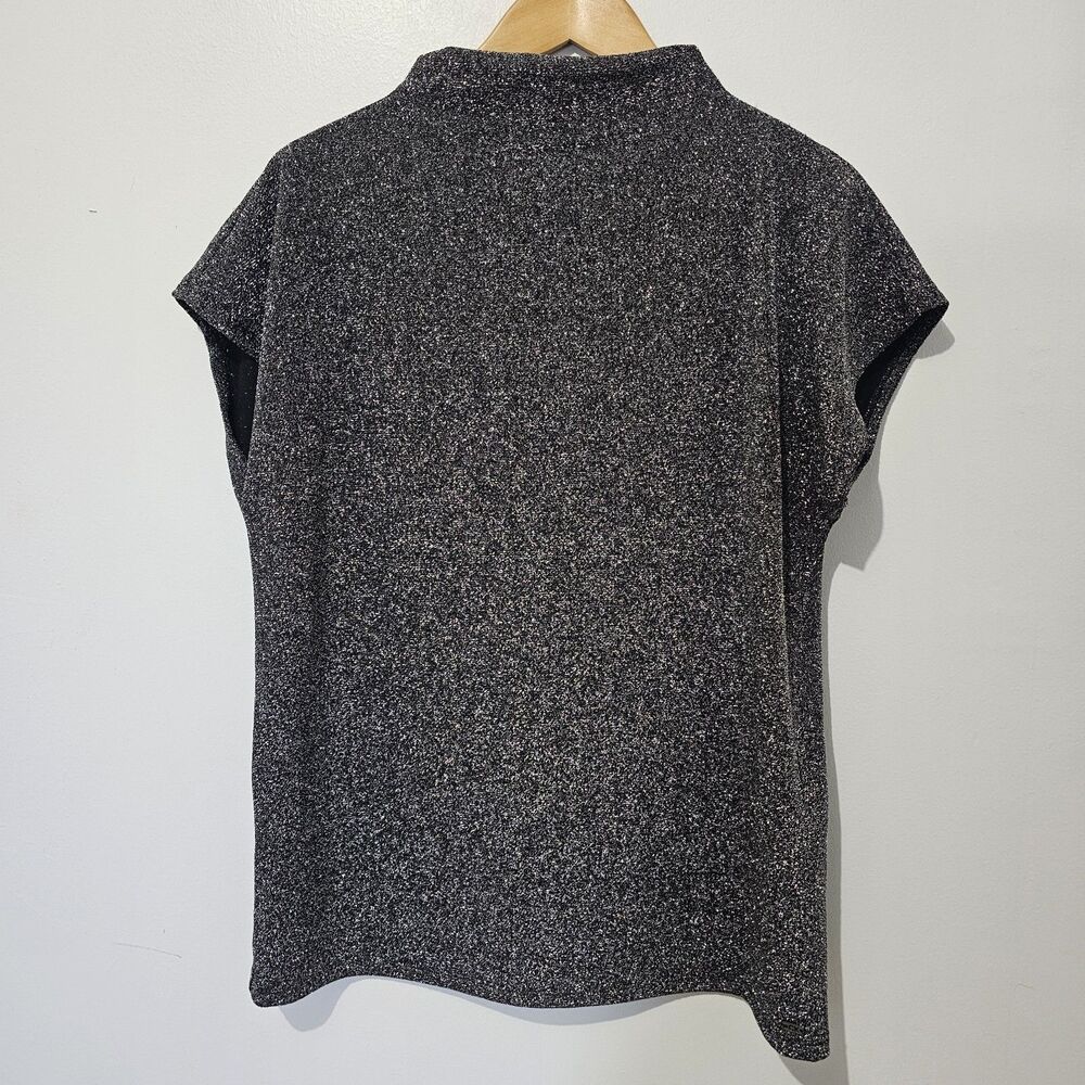 Calvin Klein - Blouse Metallic Knit Cap Sleeve Mock Neck - Size L - Black Silver - Picture 2 of 9